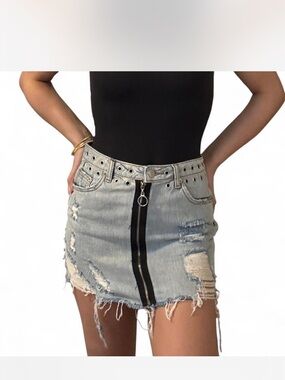 Signature8 Light Blue Distressed Denim Mini Skirt with Center Black Zip